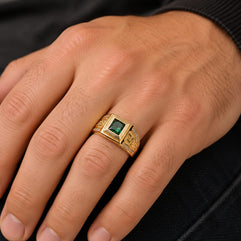 14K Gold Emerald Green CZ Signet Ring with Greek Key – Nikos