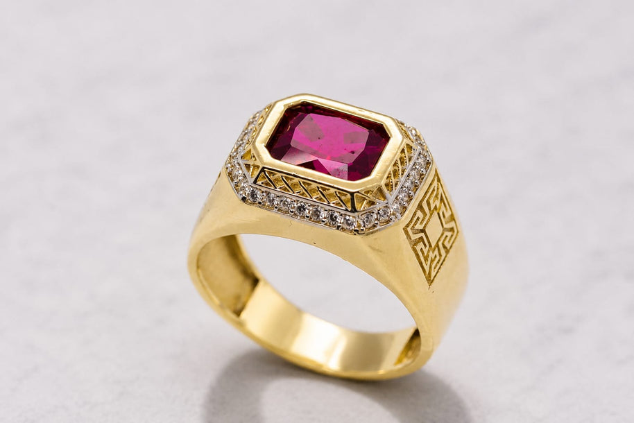 Armin – Men's 14K Gold Ruby CZ Greek Key Signet Ring