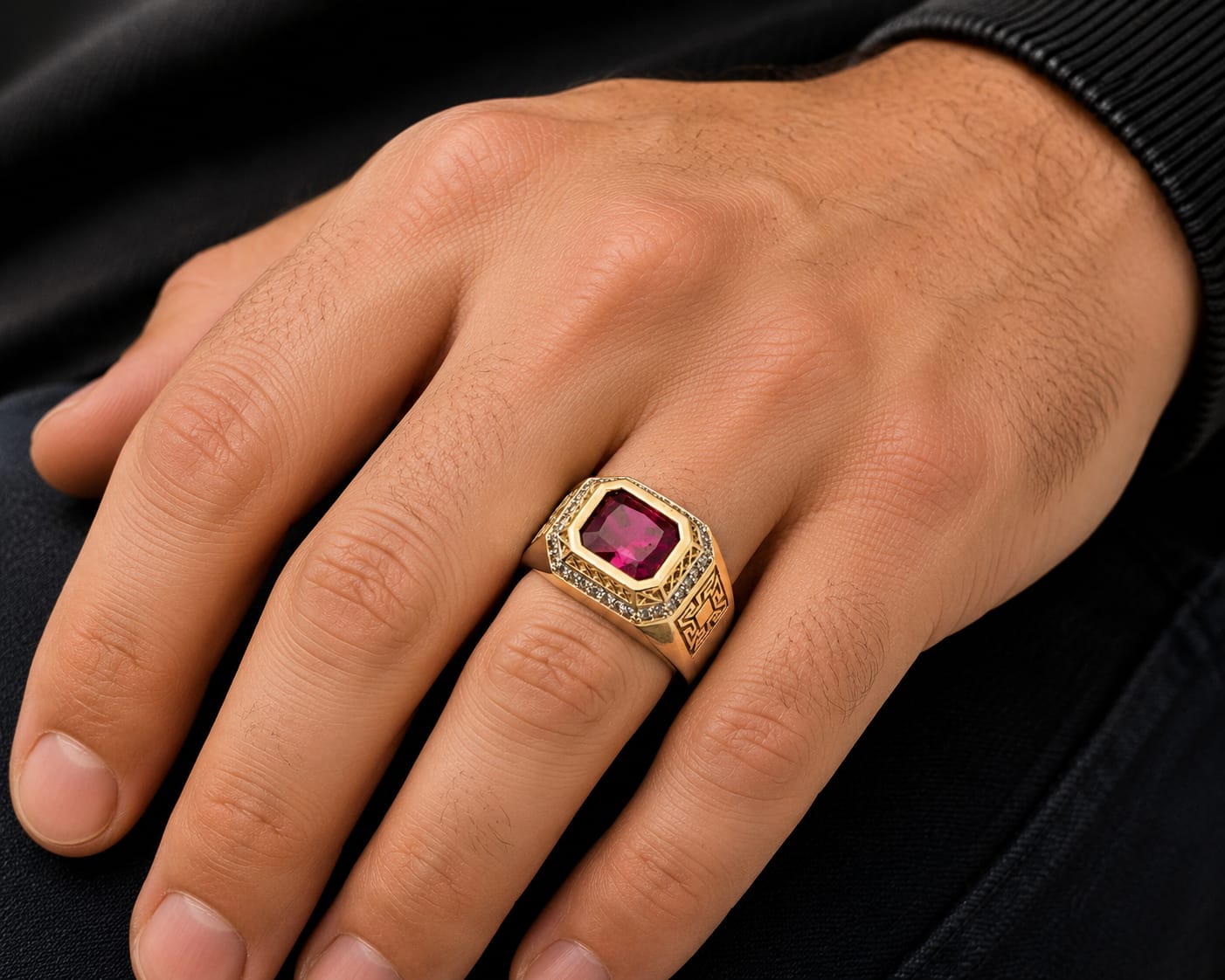 Armin – Men's 14K Gold Ruby CZ Greek Key Signet Ring