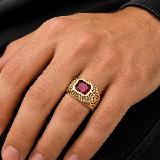 Armin – Men's 14K Gold Ruby CZ Greek Key Signet Ring