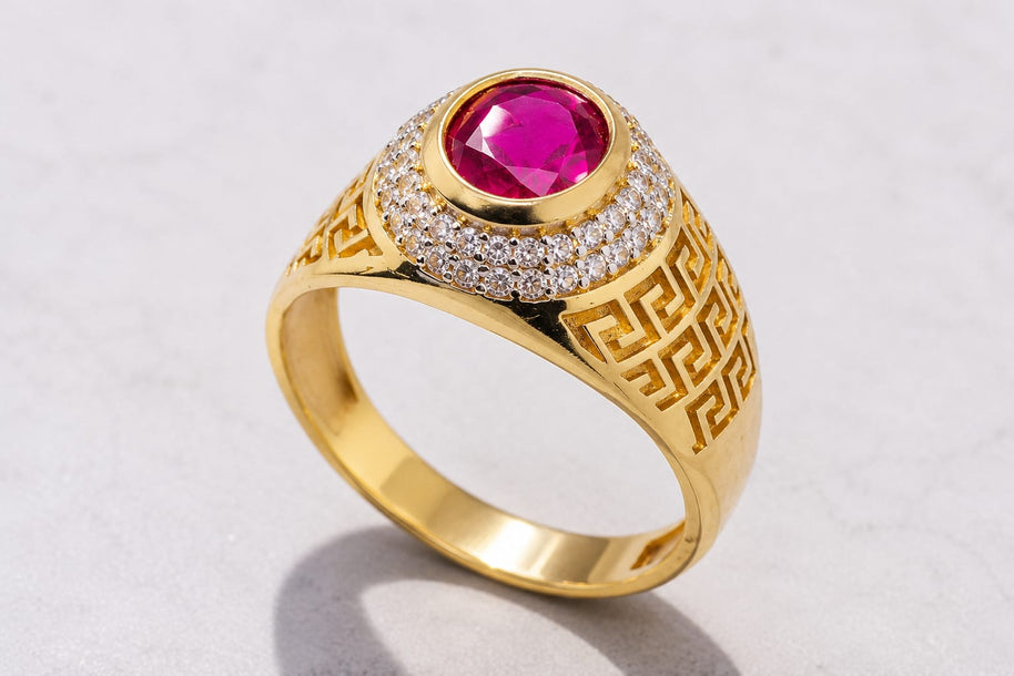 Galeo – Men's 14K Gold Ruby CZ Greek Key Signet Ring