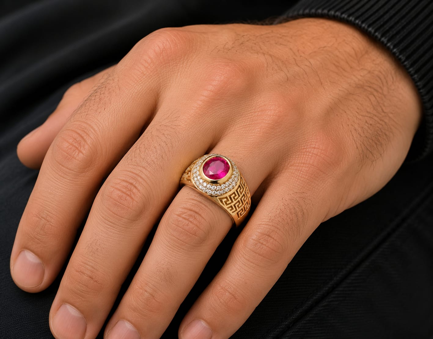 Galeo – Men's 14K Gold Ruby CZ Greek Key Signet Ring
