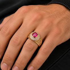 Galeo – Men's 14K Gold Ruby CZ Greek Key Signet Ring