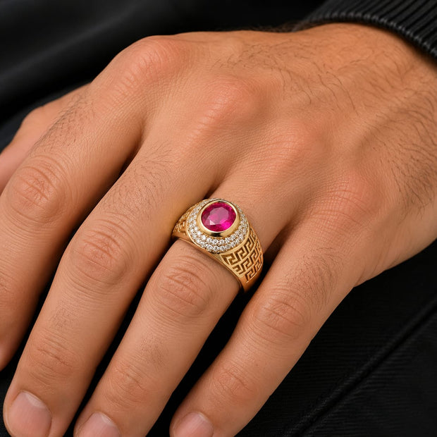 Galeo – Men's 14K Gold Ruby CZ Greek Key Signet Ring