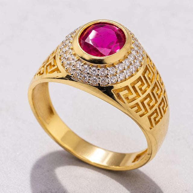 Galeo – Men's 14K Gold Ruby CZ Greek Key Signet Ring