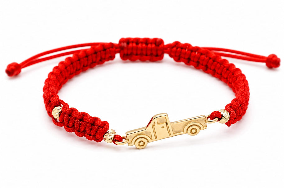 14K gold truck charm red macrame bracelet adjustable Karina's Diamond