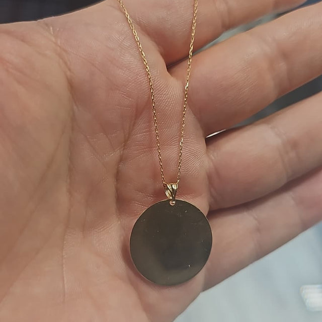 Round 14K gold pendant with fine chain, shown before Waterloo Clock engraving
