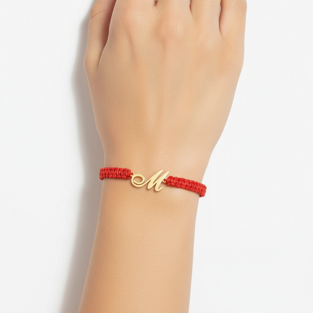 14K Gold Red Cord Bracelet – Initial “M”