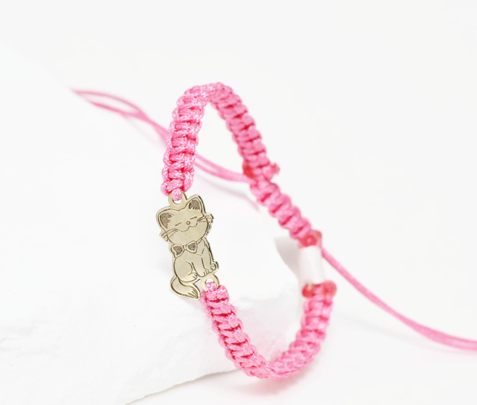 14K Gold Pink Cord Bracelet – Smiling Cat Charm
