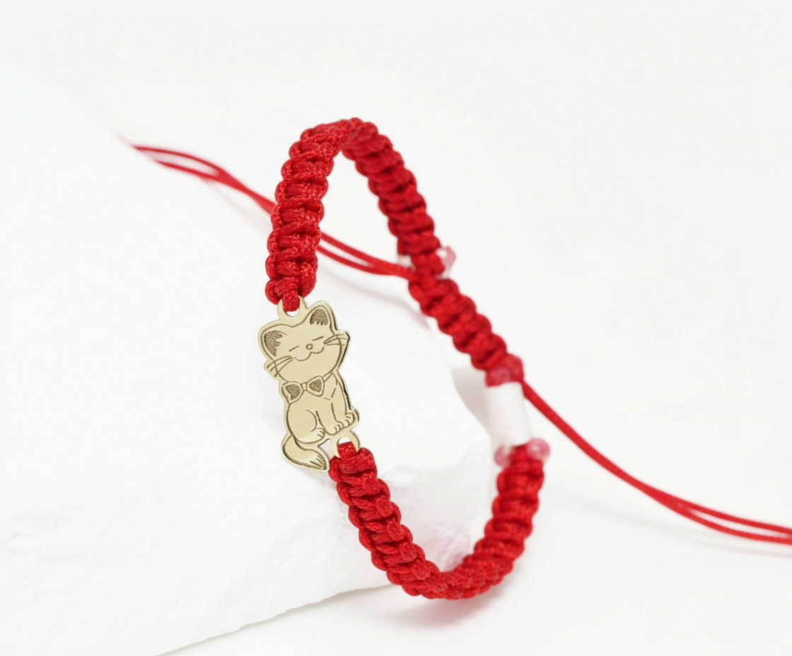 14K Gold Pink Cord Bracelet – Smiling Cat Charm