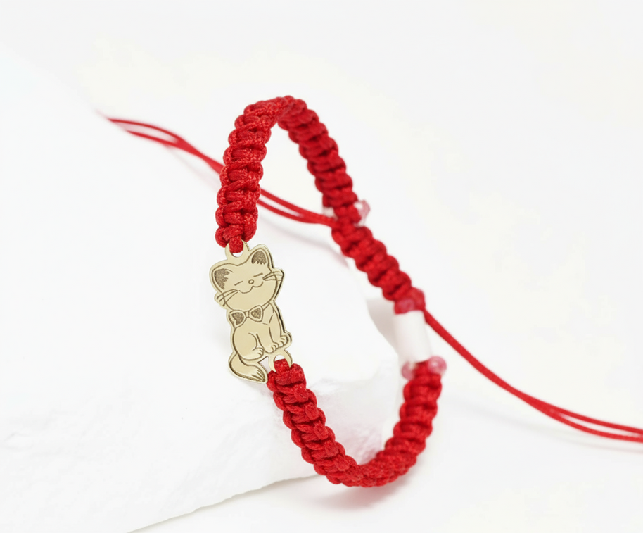 14K Gold Pink Cord Bracelet – Smiling Cat Charm