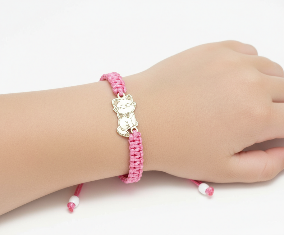 14K Gold Pink Cord Bracelet – Smiling Cat Charm