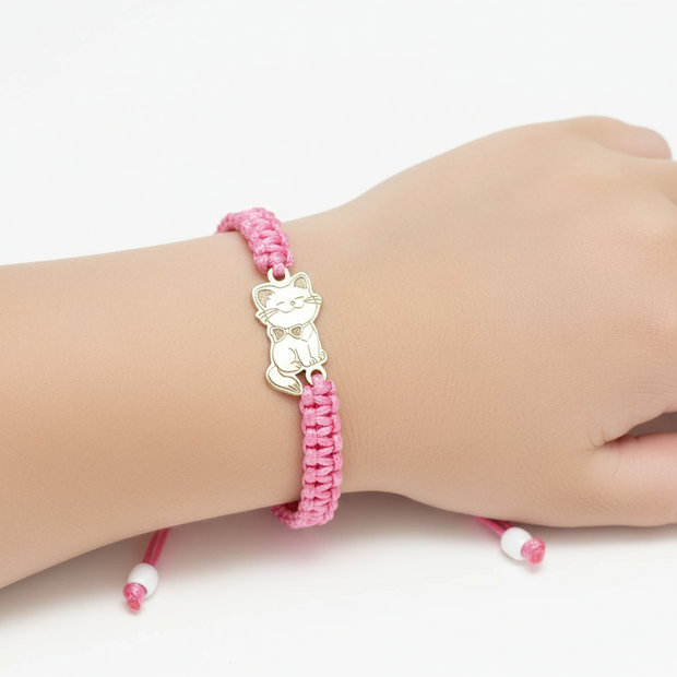 14K Gold Pink Cord Bracelet – Smiling Cat Charm