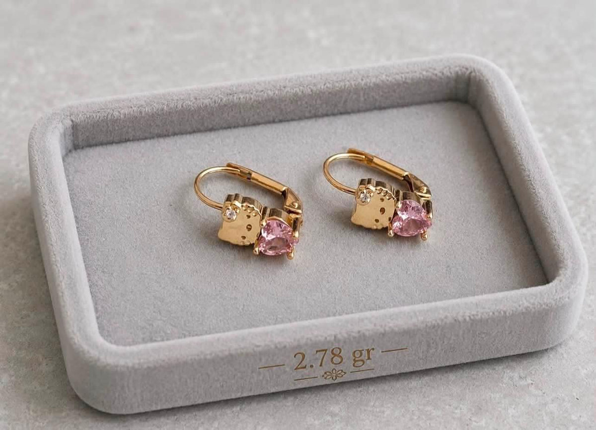 14K Gold  Kitty & Pink Heart Earrings 🎀💗