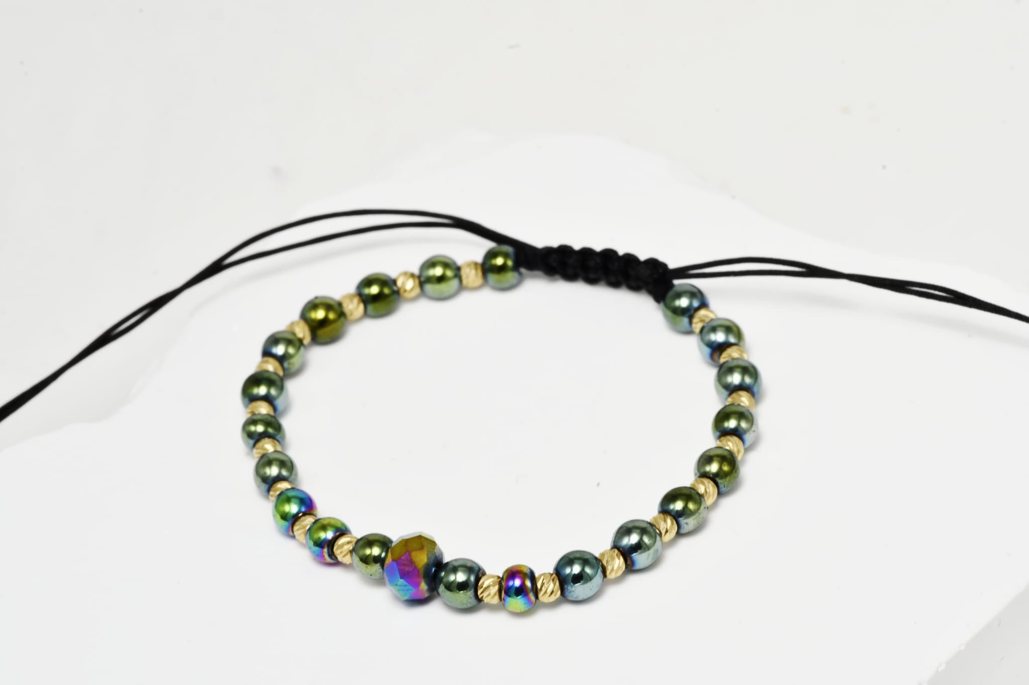 14K Gold and Hematite Bracelet – Black Cord