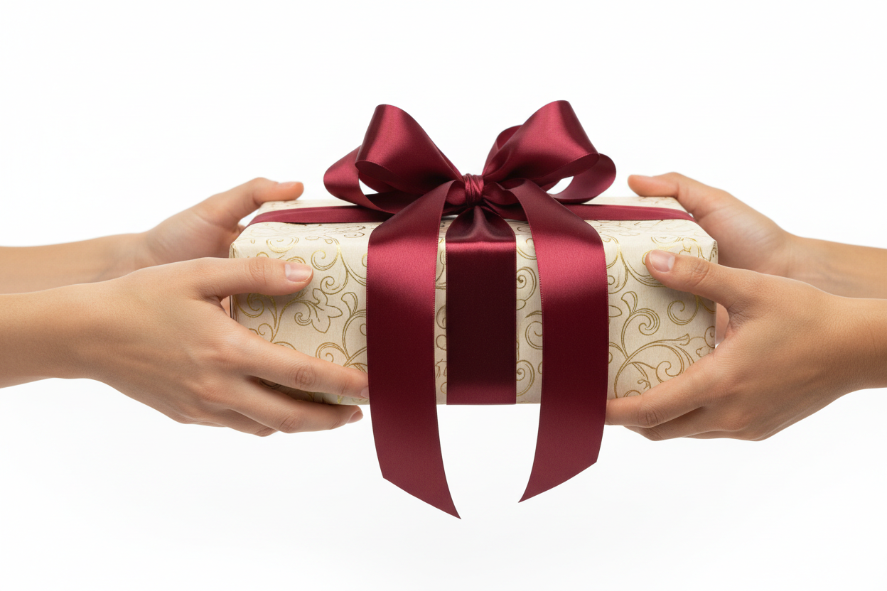 WRAPED GIFT HANDED OVER WITH WHITE BACKGROUND